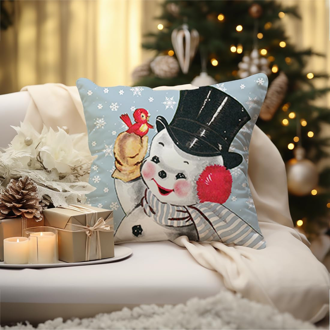 Christmas Decorations Pillow Covers 18×18 Set of 4 Snowflake Santa Snowman Merry Christmas Deer Bird Candy Cane Xmas Winter Holiday Throw Pillows Christmas Decor Cushion Cases Blue-18