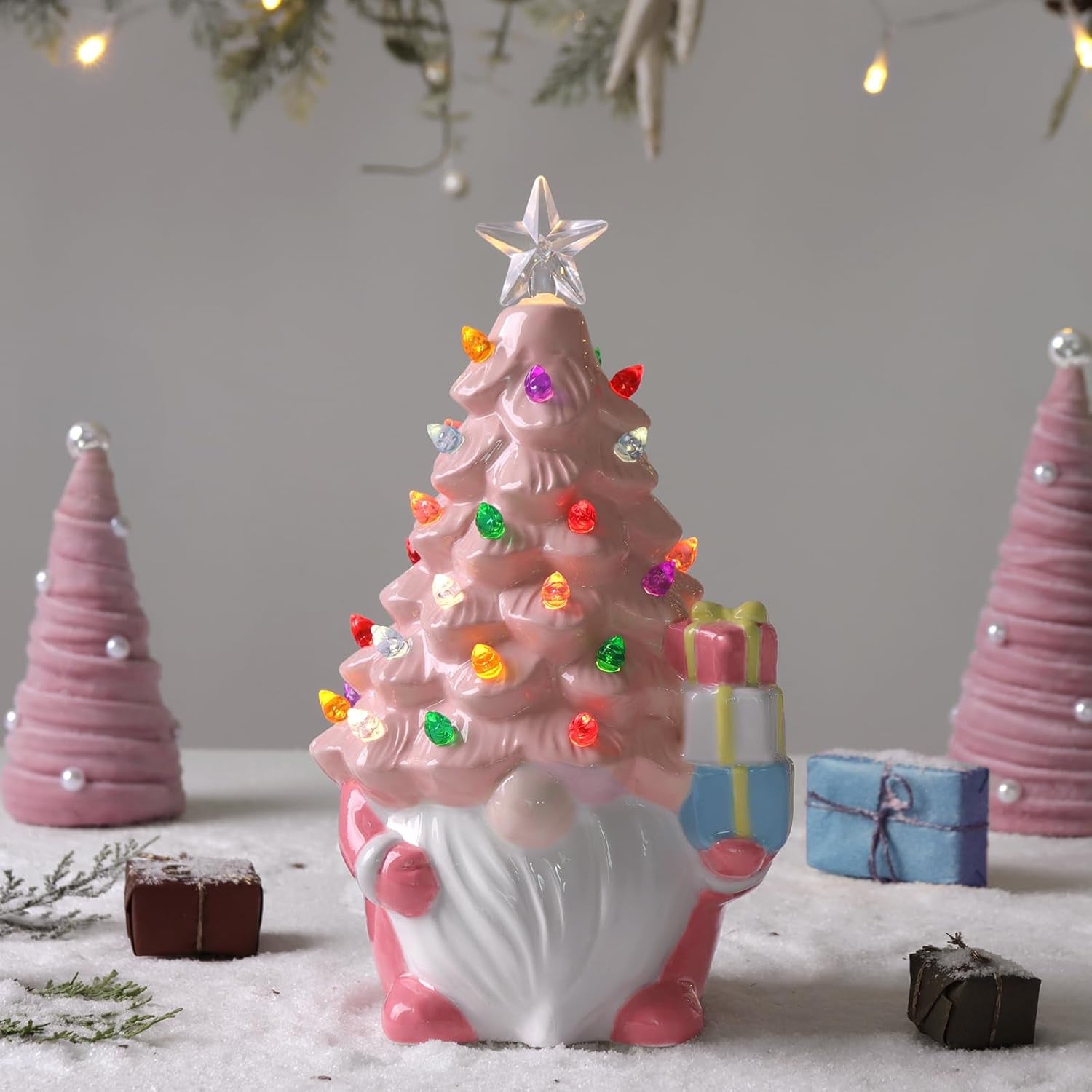 Ceramic Christmas Tree, Pink Christmas Decor Light-Up Ceramic Gnome with LED Battery Powered, Classic Christmas Decor for Home Shelf Cabinet Table, Home Display, Tabletop