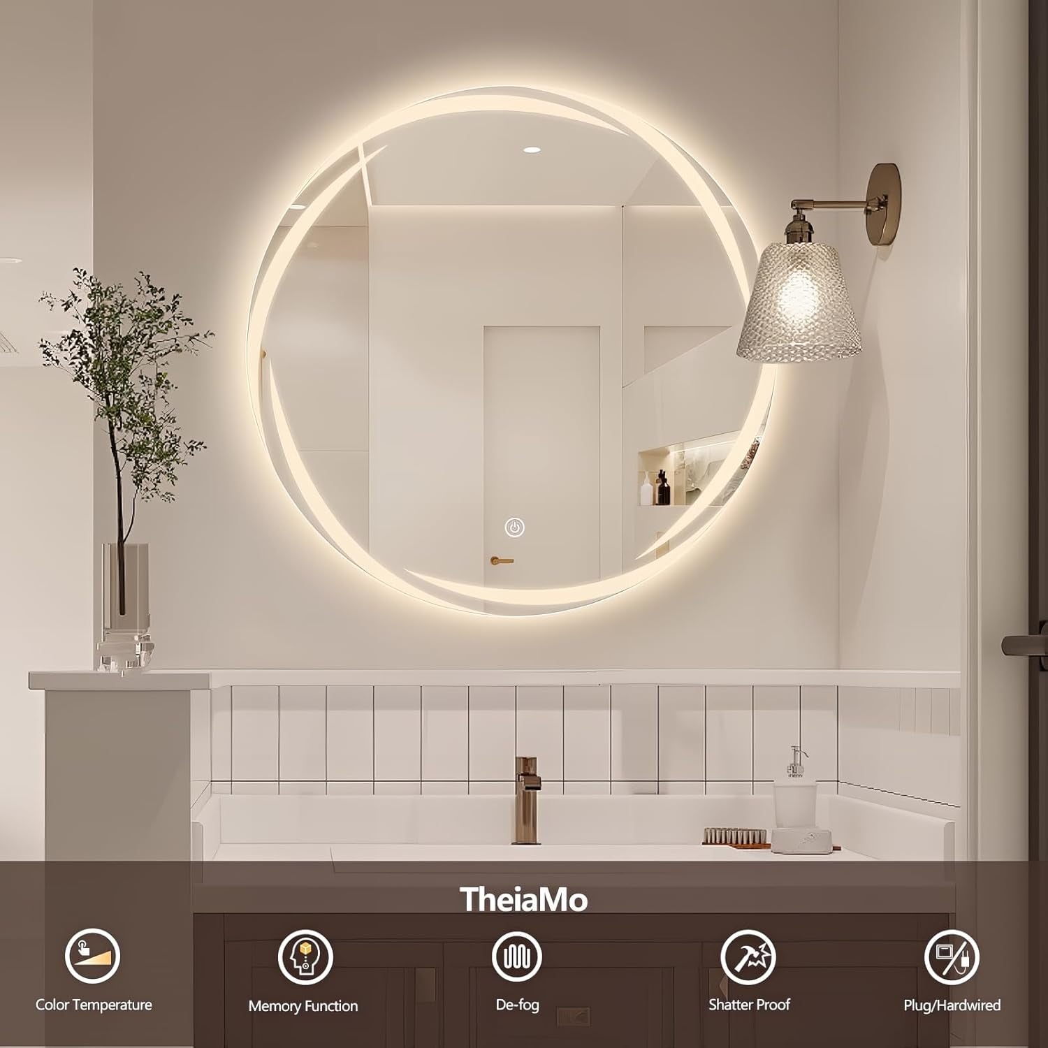 24" round LED Mirror for Bathroom with Front Light and Backlit, Stepless Dimmable Vanity Mirror with Lights, Frameless anti Fog Smart Mirror Wall Mounted, IP65 Waterproof, Shatter-Proof