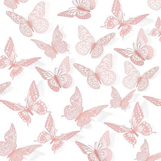 3D Butterfly Wall Decor 48 Pcs 4 Styles 3 Sizes, Pink Butterfly Birthday Decorations Pink Room Decor Butterfly Party Decorations Cake Decorations, Removable Wall Stickers (Pink)