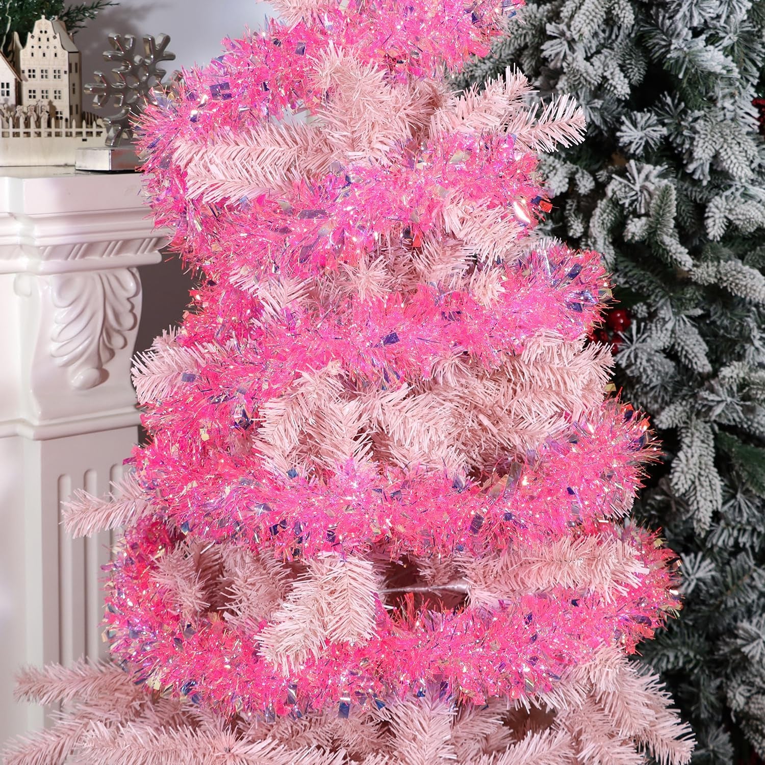 32.8 Ft Pink Christmas Tinsel Garland, Glitter Twist Tinsel for Xmas Tree Party Fireplace Wedding Supplies Decoration