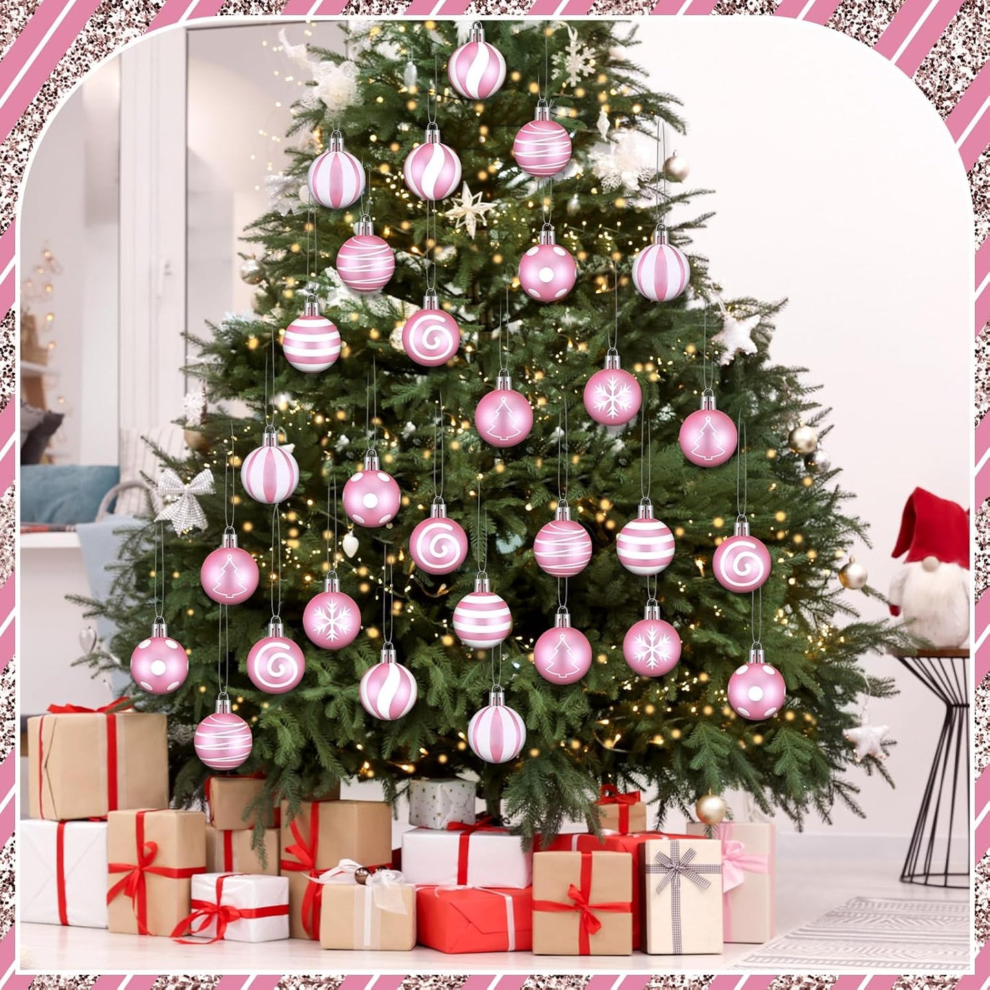 24 Pcs Pink and White Christmas Ball Ornaments 2.36 Inch Christmas Tree Decoration Ornaments Glitter Plastic Stripe Dot Snowflake Hanging Ball Christmas Decorations for Home Indoor Outdoor
