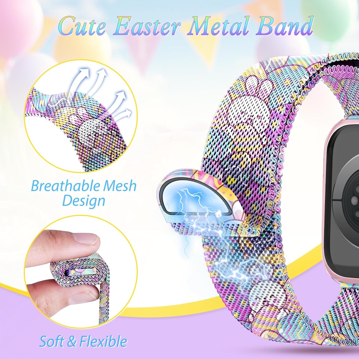 Magnetic Metal Easter Apple Watch Bands for Women Men 41Mm 42Mm 44Mm 45Mm 46Mm 49Mm 38Mm 40Mm, Valentine Holiday Milanese Loop Strap for Apple Watch Series 10 9 SE 8 7 6 5 4 3 2 1 Ultra 2 1-Purple Easter Eggs & Rabbit