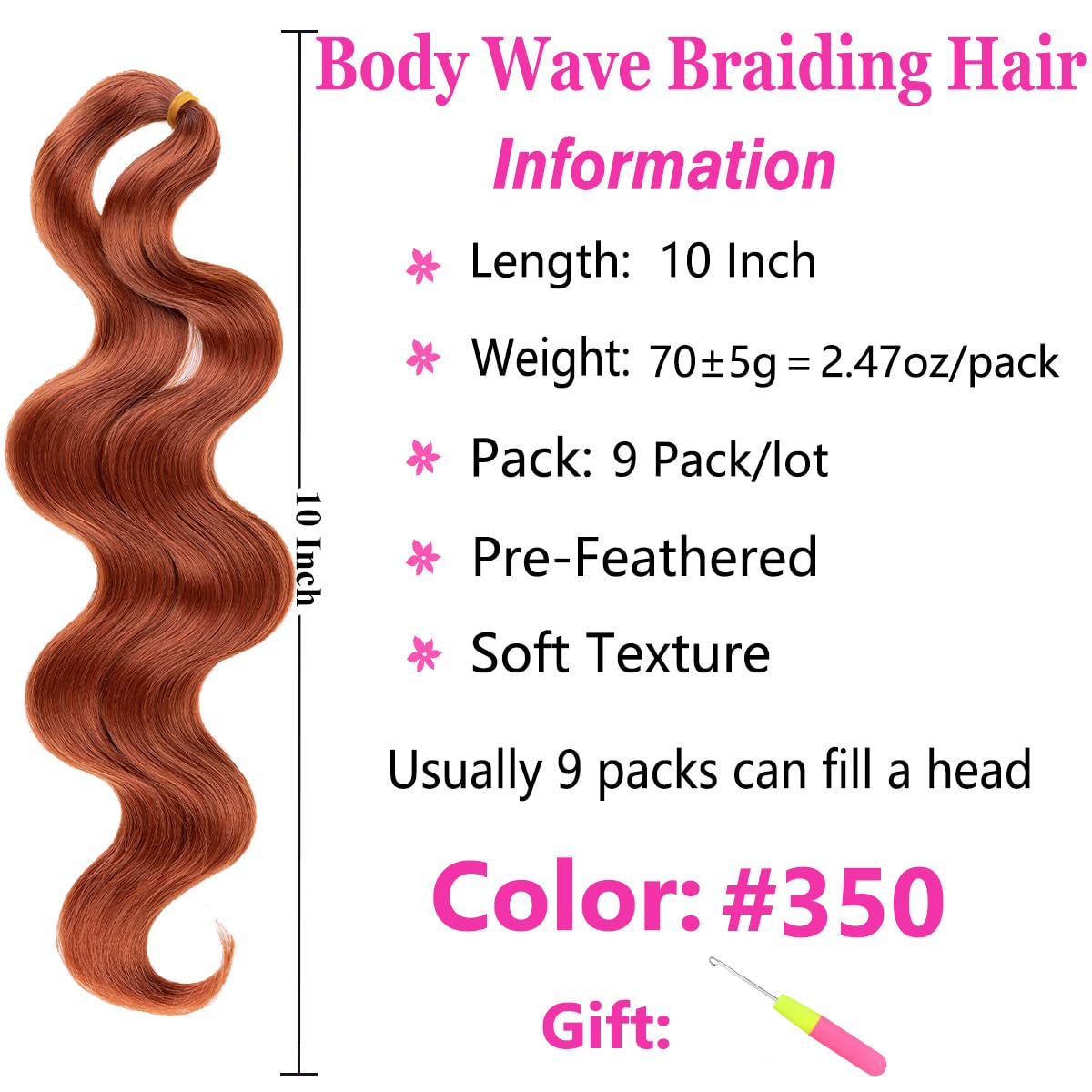 9 Packs Short Body Wave Braiding Hair 10 Inch Pre-Feathered Copper Red Premium Bouncy French Curl Wavy Braiding Hair Wavy Texture Braiding Synthetic Hair Extensions for Goddess Box Braids (350#)