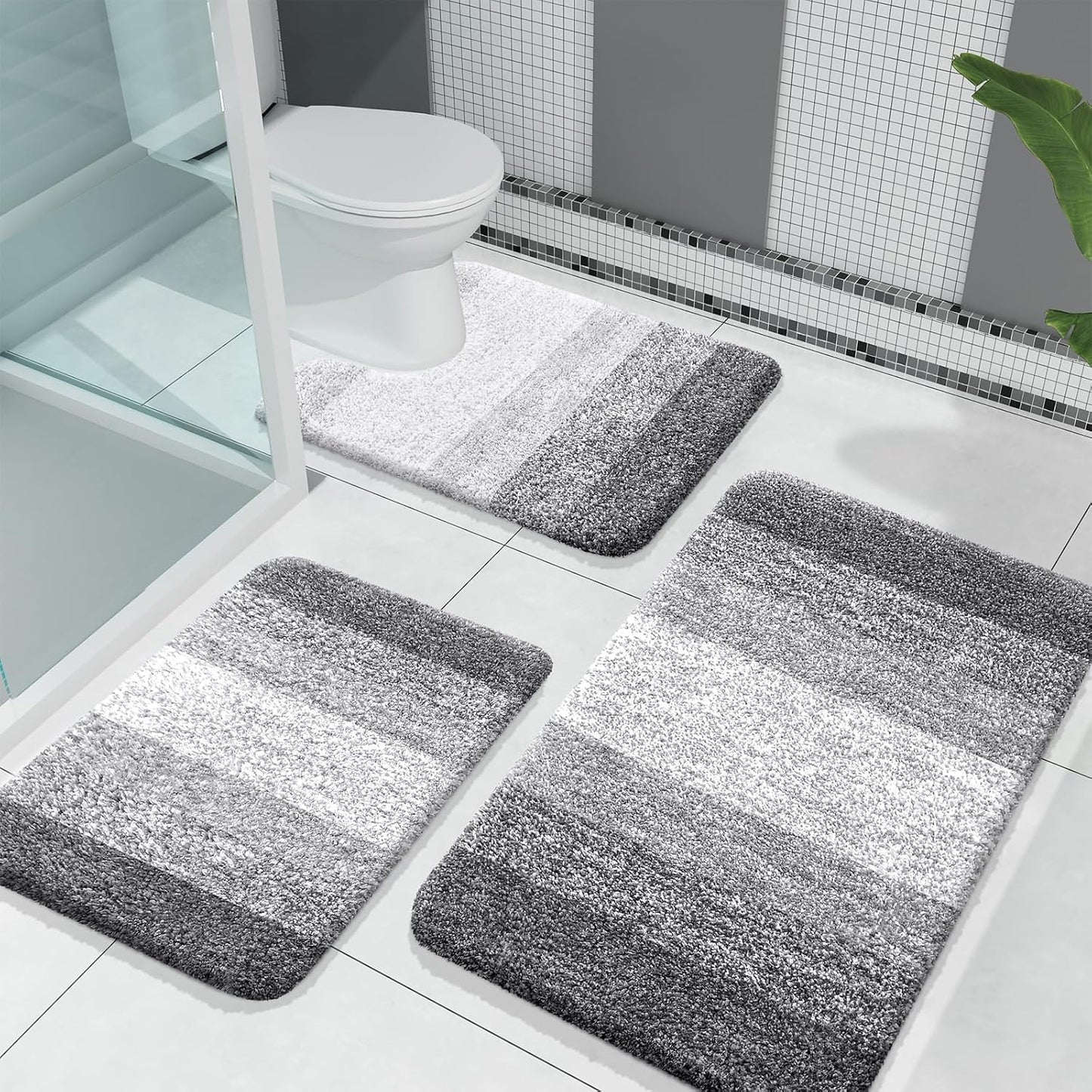 Bathroom Rugs Sets 3 Piece, Soft Absorbent Microfiber Bath Rugs and U-Shaped Contour Toilet Rug Area Rug Set, Non-Slip Bath Carpet, Home Decor Accessories, Bath Mat Set for Bathroom, Black