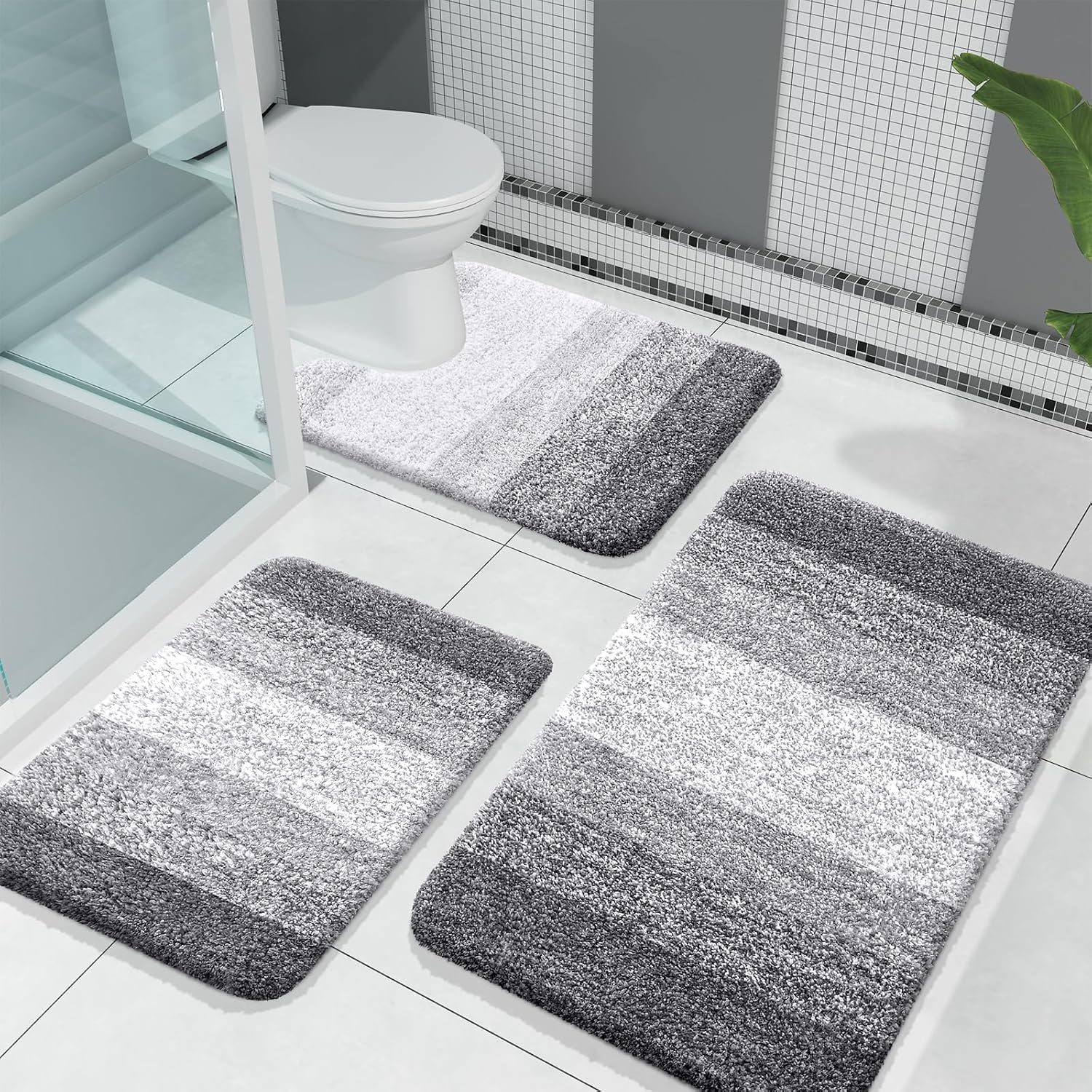 Bathroom Rugs Sets 3 Piece, Soft Absorbent Microfiber Bath Rugs and U-Shaped Contour Toilet Rug Area Rug Set, Non-Slip Bath Carpet, Home Decor Accessories, Bath Mat Set for Bathroom, Black