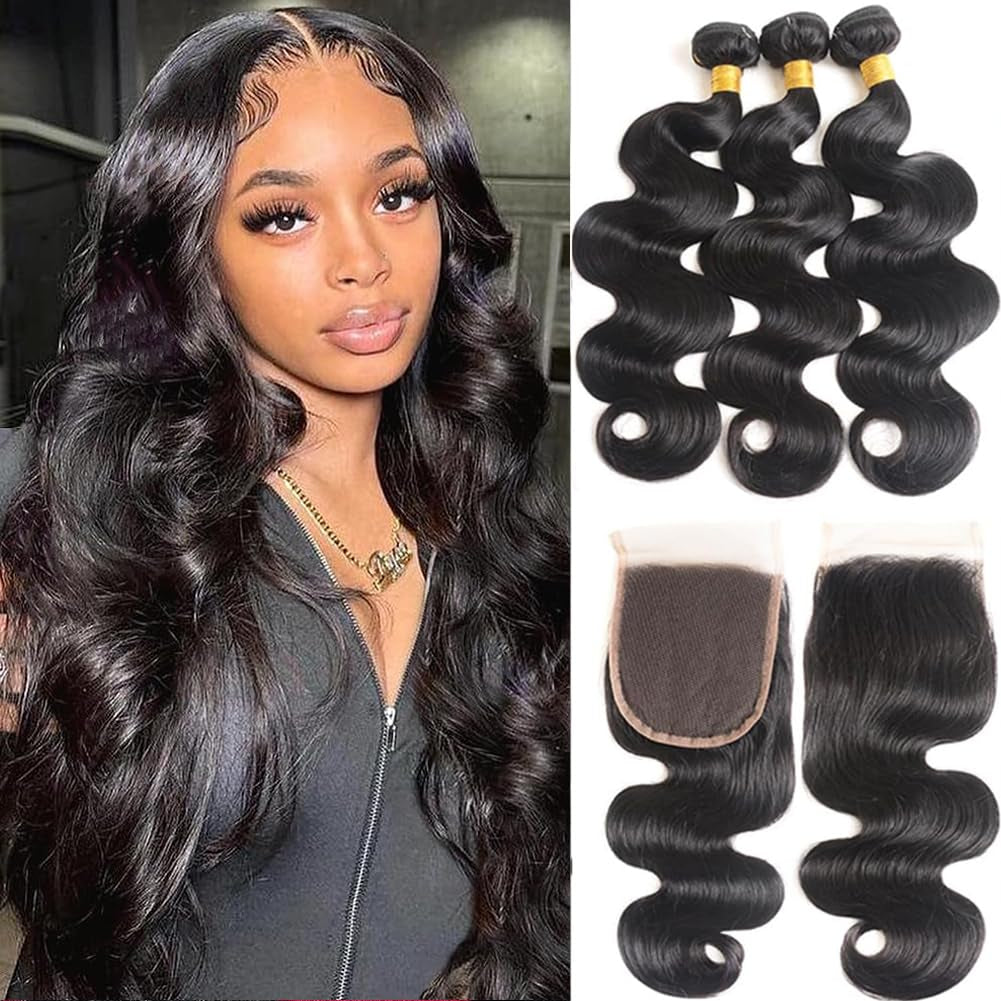 Bundles with Closure Human Hair Body Wave 12 14 16+10 Inch 100% Unprocessed Brazilian Virgin Human Hair 3 Bundles with Closure Human Hair Extensions with 4X4 Free Part Lace Closure Natural Black