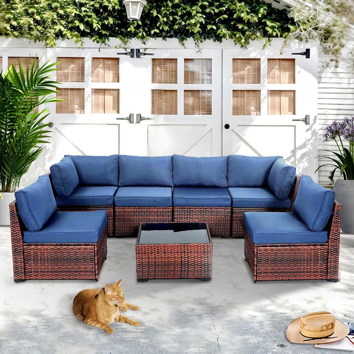 7 Piece Outdoor Furniture Set, PE Rattan Patio Conversation Set, Outdoor Sectional Furniture Sofa Set with Thick Cushions and Coffee Table, Navy Blue