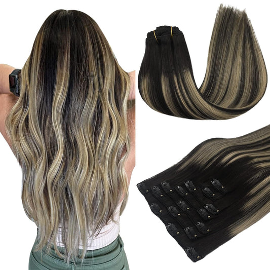 Hair Extensions Clip in Human Hair, 7 Pcs Balayage Natural Black to Light Blonde Hair Extensions, 80G 12 Inch Real Hair Extensions Clip in Human Hair Natural Straight Hair Extensions