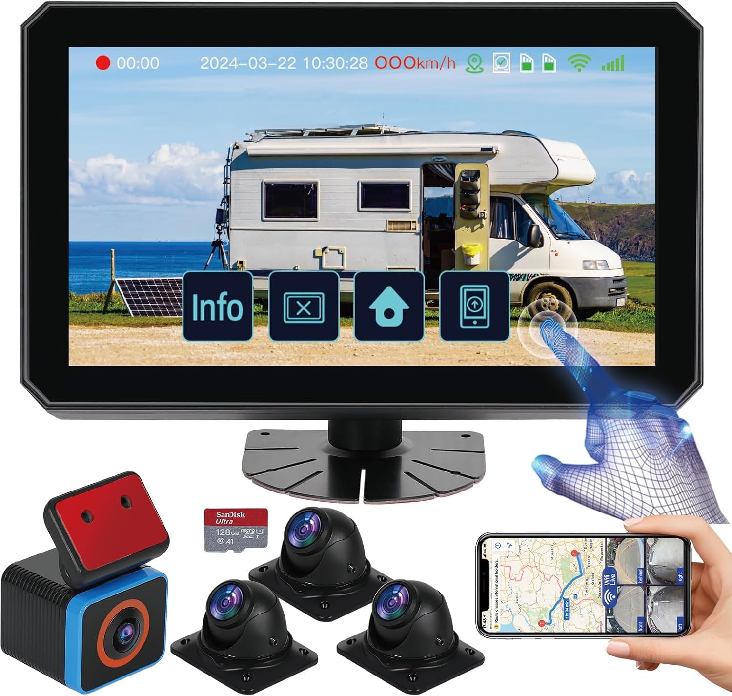 6CH AI Wifi GPS Sentry Mode RV Backup Camera System 10.1" Touch Screen Monitor with 4 1080P Rear Side View Camera,Mobile DVR Recording Live View on App/Web/Pc for Truck Trailer Tractor Fleet TRUCK DRIVER