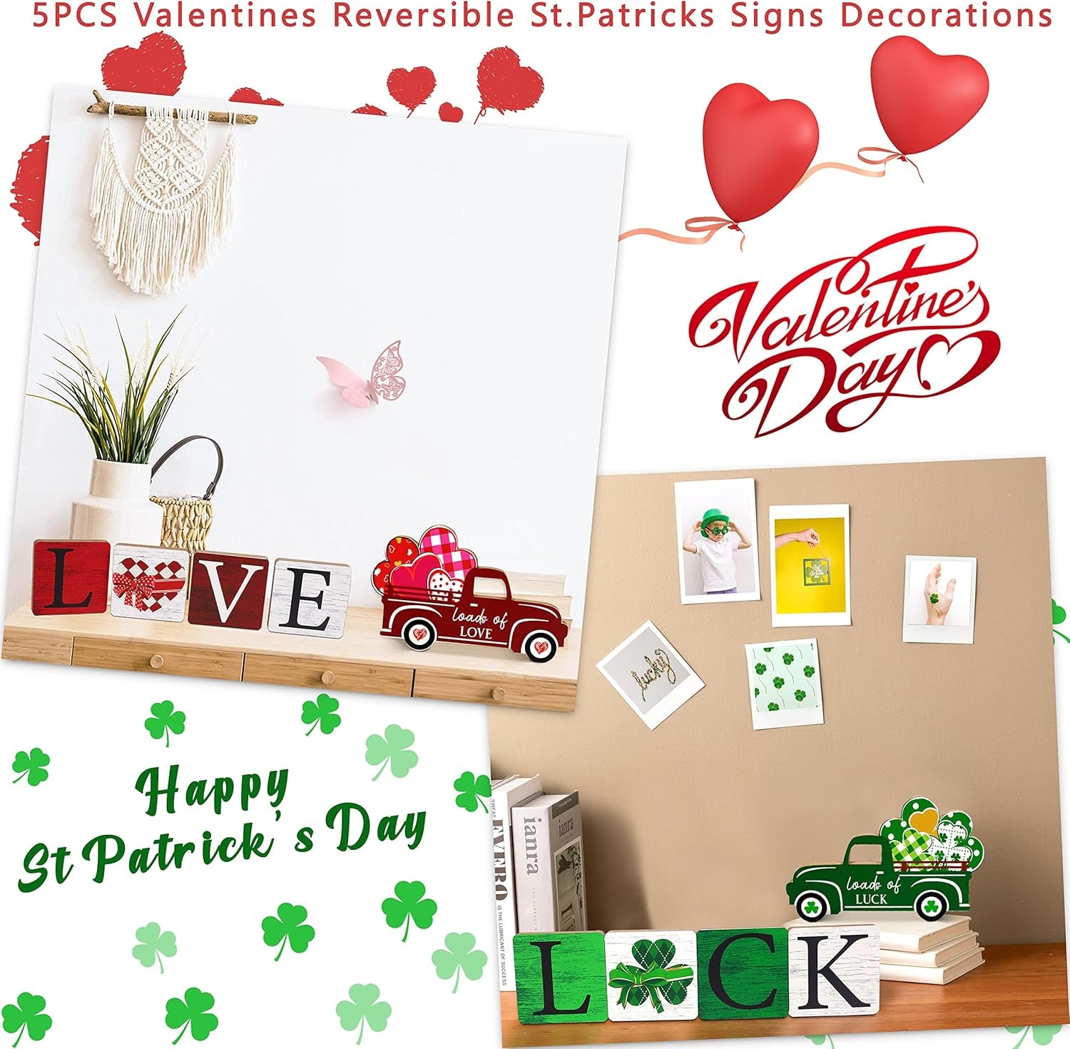 5PCS Valentines Day Decor/St.Patricks Day Decorations Reversible Table Centerpieces Tiered Tray Ornament for Home Party Decor