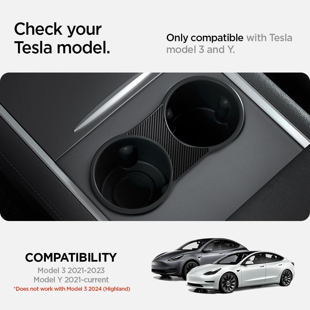 Center Console Cup Holder Insert (Up to 20 Oz Venti Cups) Designed for Tesla Model 3 and Y with Flushed-Fit [Carbon Edition] 2023/2022