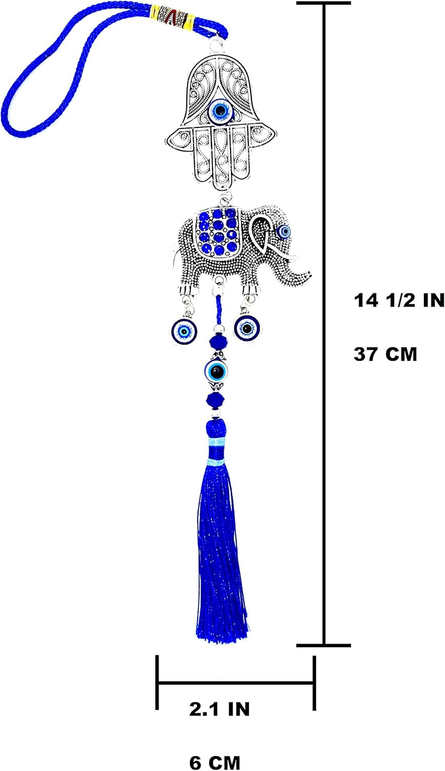 Blue Eye Hamsa Hand + Happy Elephant Double Pendant W/Blue Cord & Tassels - Evil Eye Car Hanging Ornament - Rear View Mirror Accessories, Home Decor Charm - Gift for Men & Women