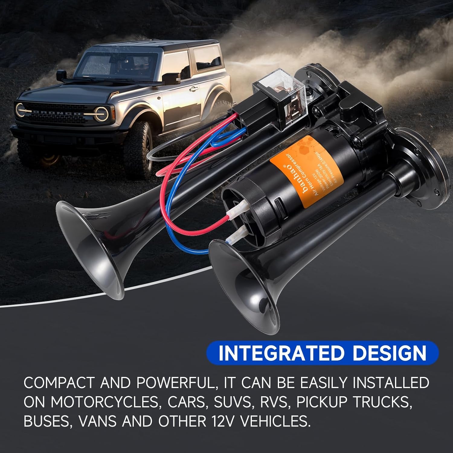 Electric Air Horn for Truck 150Db Super Loud Black Horns Dual Trumpet with Compressor for Any 12V Vehicles Trucks Motorcycle Pickup Trains Cars Boats (Black Integrated Air Horn) TRUCK DRIVER