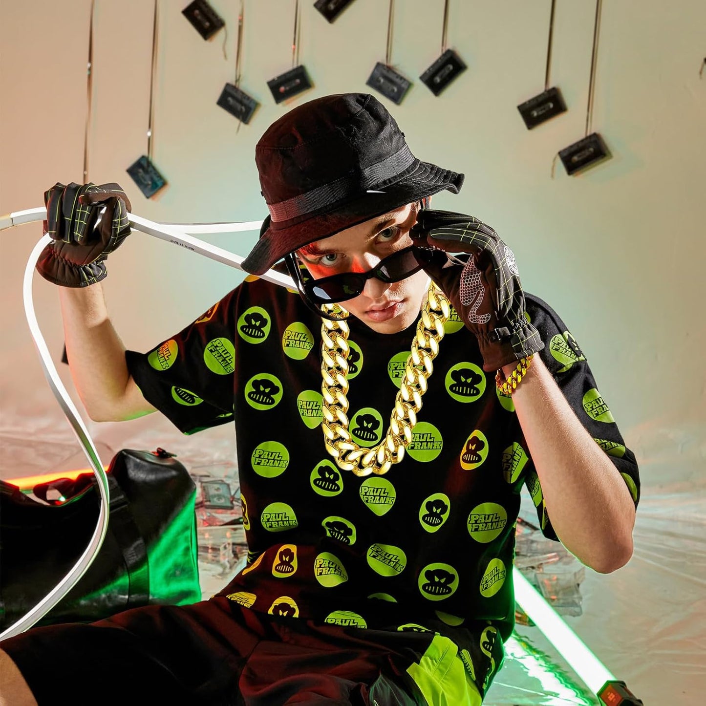 80S 90S Hip Hop Costumes Outfit for Men, ﻿8 Pcs Fake Gold Chain Money Sign Necklace Sunglasses Hat, Dollar Sign Finger Ring for Men Women Rapper Jewelry Accessories