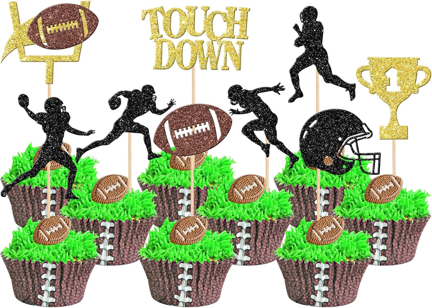 36 PCS Rugby Ball Cupcake Toppers Glitter Trophy Amecian Football Cupcake Picks Touchdown Player Cake Decorations for Super Bowl Rugby Sports Theme Baby Shower Kids Birthday Party