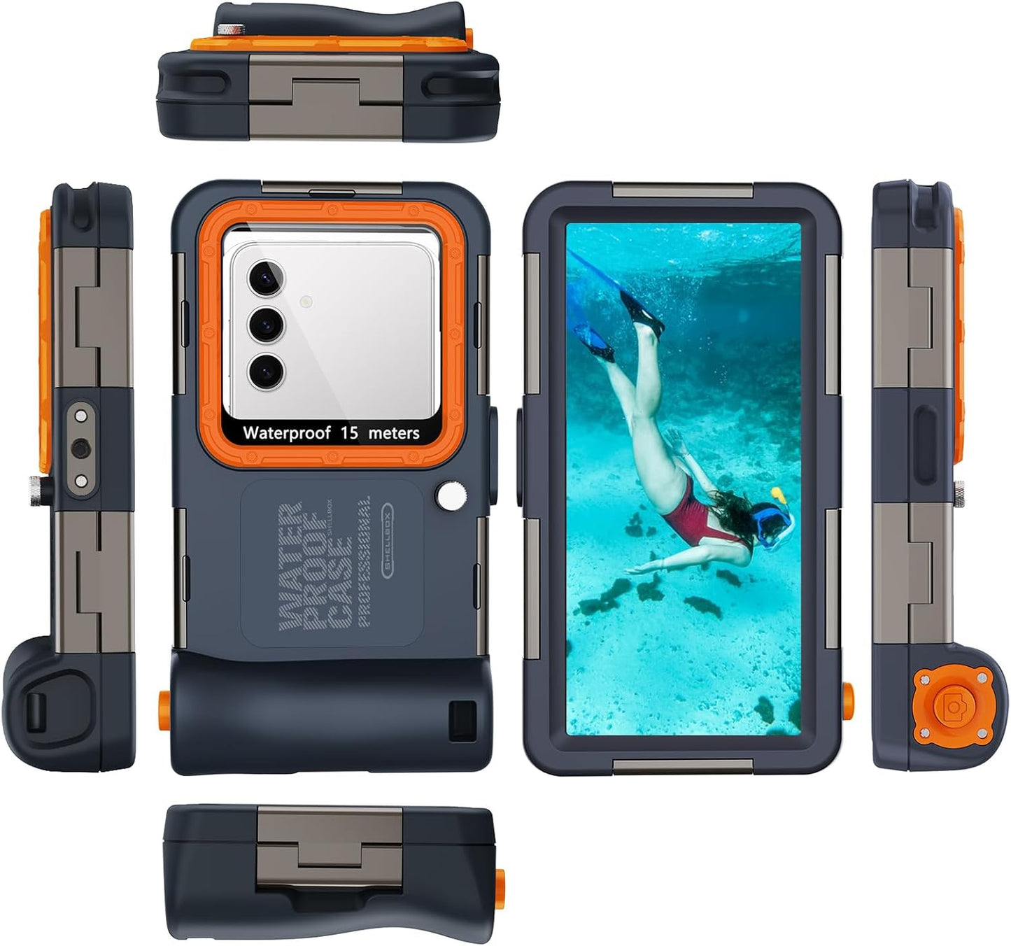 Waterproof Case[50Ft/15M],Phone Size4.7-4.9Inch(Volume Button on Right), Universal Professional Diving Case for Samsung Galaxy S25/S24/S23/Ultra/Huawei/Xiaomi Android Series, Blue-Orange