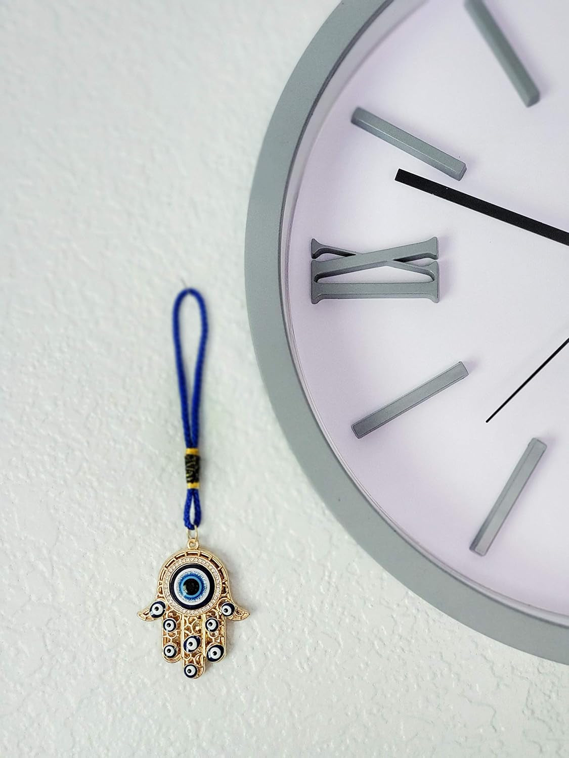 Hamsa Hand Amulet Pendant W/Crystal Rhinestones Blue, White & Black Evil Eye Car Hanging Ornament Rear View Mirror Accessories - Door, Wall, Bag Charms (Gold & Matching Tassel)