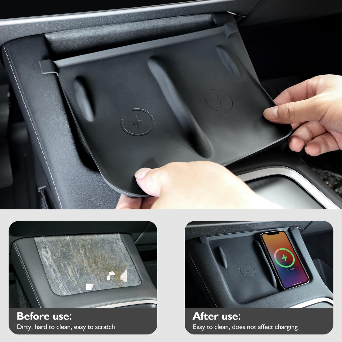 Center Console Wireless Charger Mat,Screen and Rearview Mirror Protector Frame,Anti-Slip Silicone Protector for Tesla 2021-2023 Model 3 and 2021-2024 Model Y Accessories(3 PCS Black)