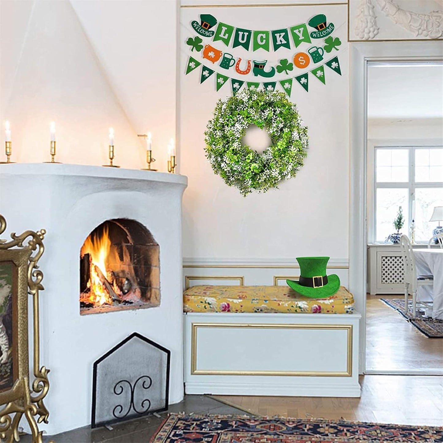 St Patricks Day Decorations Artificial Wreath Lucky Shamrock Clover Leprechaun Hat Beers Spring Summer Party Decor Outdoor/Indoor Farmhouse Front Porch Wall Window Door