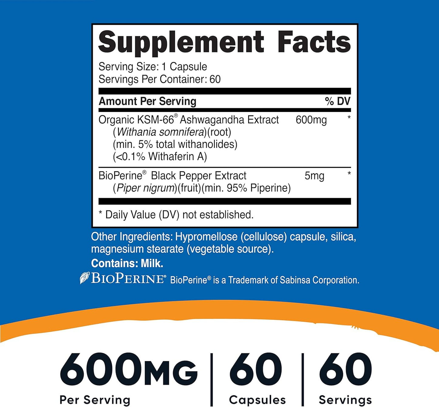 KSM-66 Ashwagandha Root Extract 600Mg, 60 Veggie Caps - 5% Withanolides - with Bioperine - Full-Spectrum Root Extract TLBH