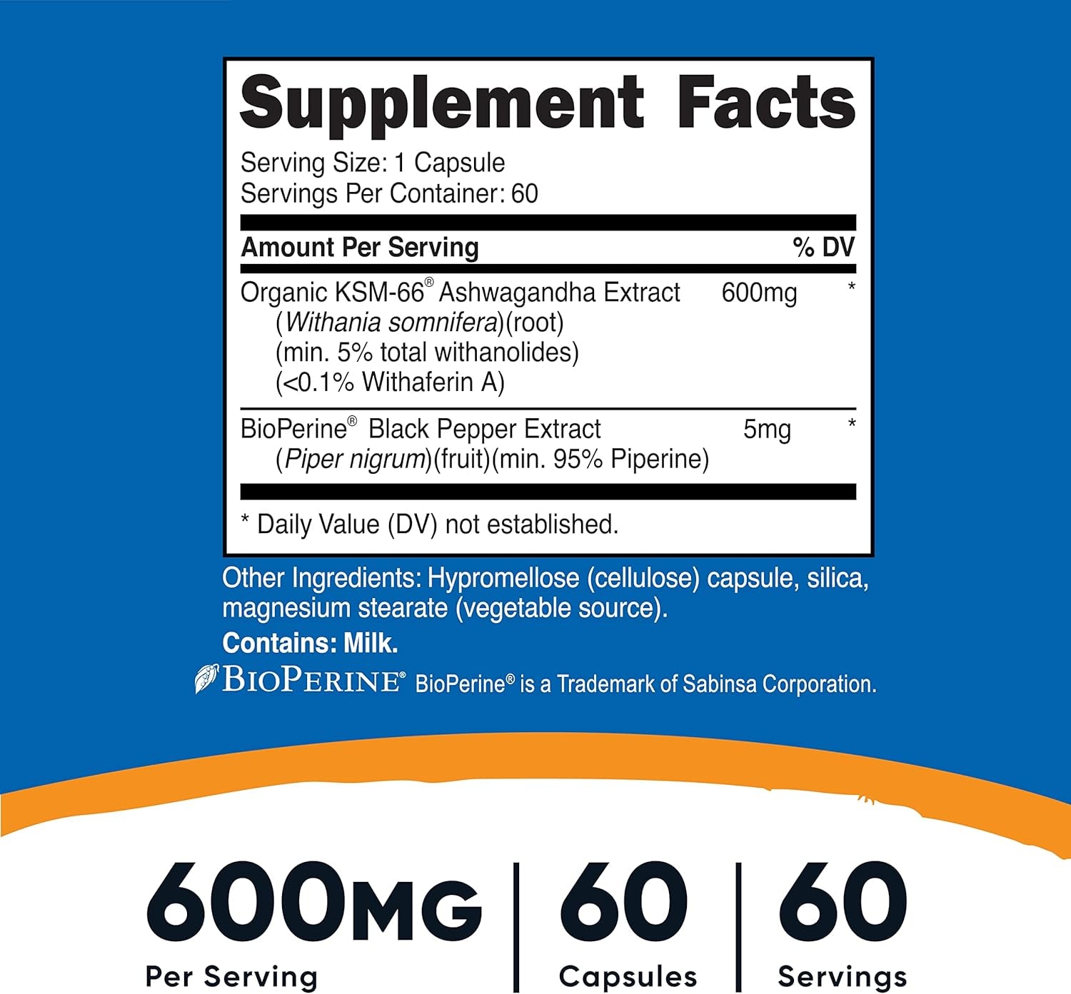 KSM-66 Ashwagandha Root Extract 600Mg, 60 Veggie Caps - 5% Withanolides - with Bioperine - Full-Spectrum Root Extract TLBH