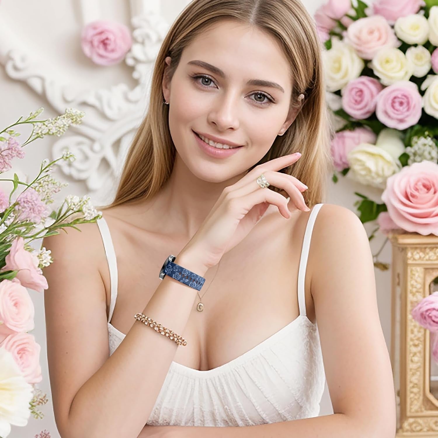 Sport Silicone Band for Samsung Watch 6 Bands 44Mm 40Mm, Galaxy Watch 4 5 Band/Galaxy Watch 5 Pro/Galaxy Watch 4 6 Classic Band, 20Mm Glossy Floral Engraved Band for Galaxy Watch 7, Deep Blue