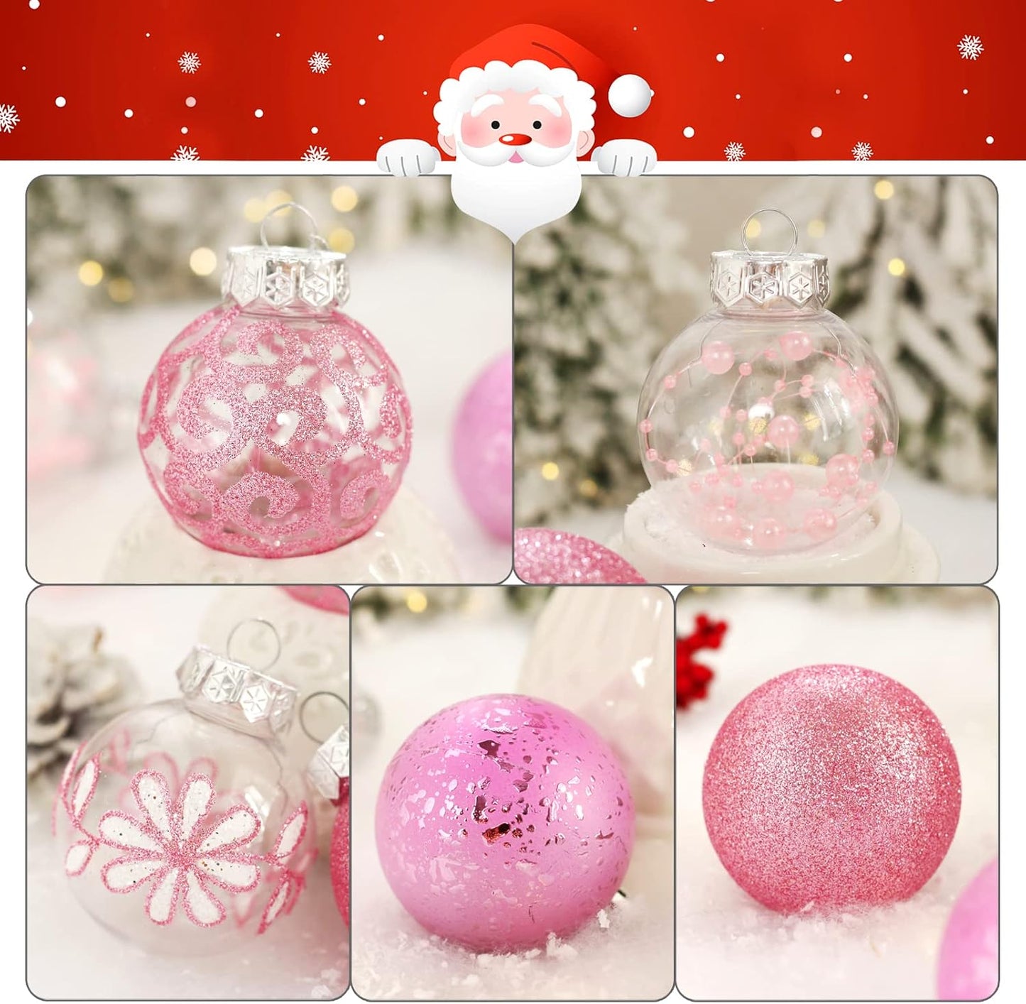 Clear Christmas Ornaments Set, 30Ct 2.36Inch Pink Clear Xmas Baubles for Christmas Tree Ornaments and Decorations Shatterproof Christmas Hanging Balls with Stuffed Decoration for Xmas Wedding Party