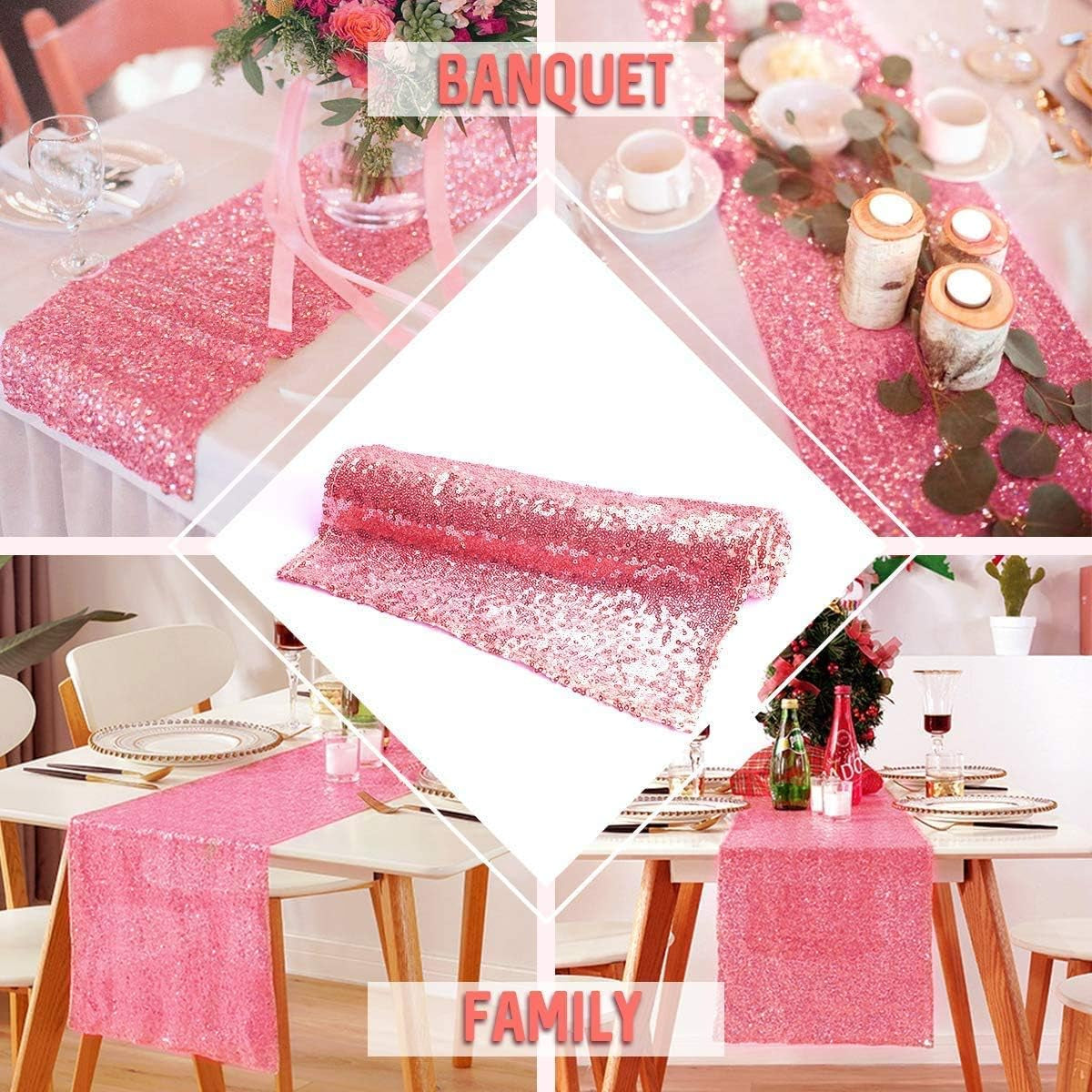 Pink Sequin Table Runners 12''X 108'', 2 Pack Fabric Glitter Runner for Wedding Birthday Party Supplies Bachelorette Bridal Baby Shower Fall Christmas Table Decorations