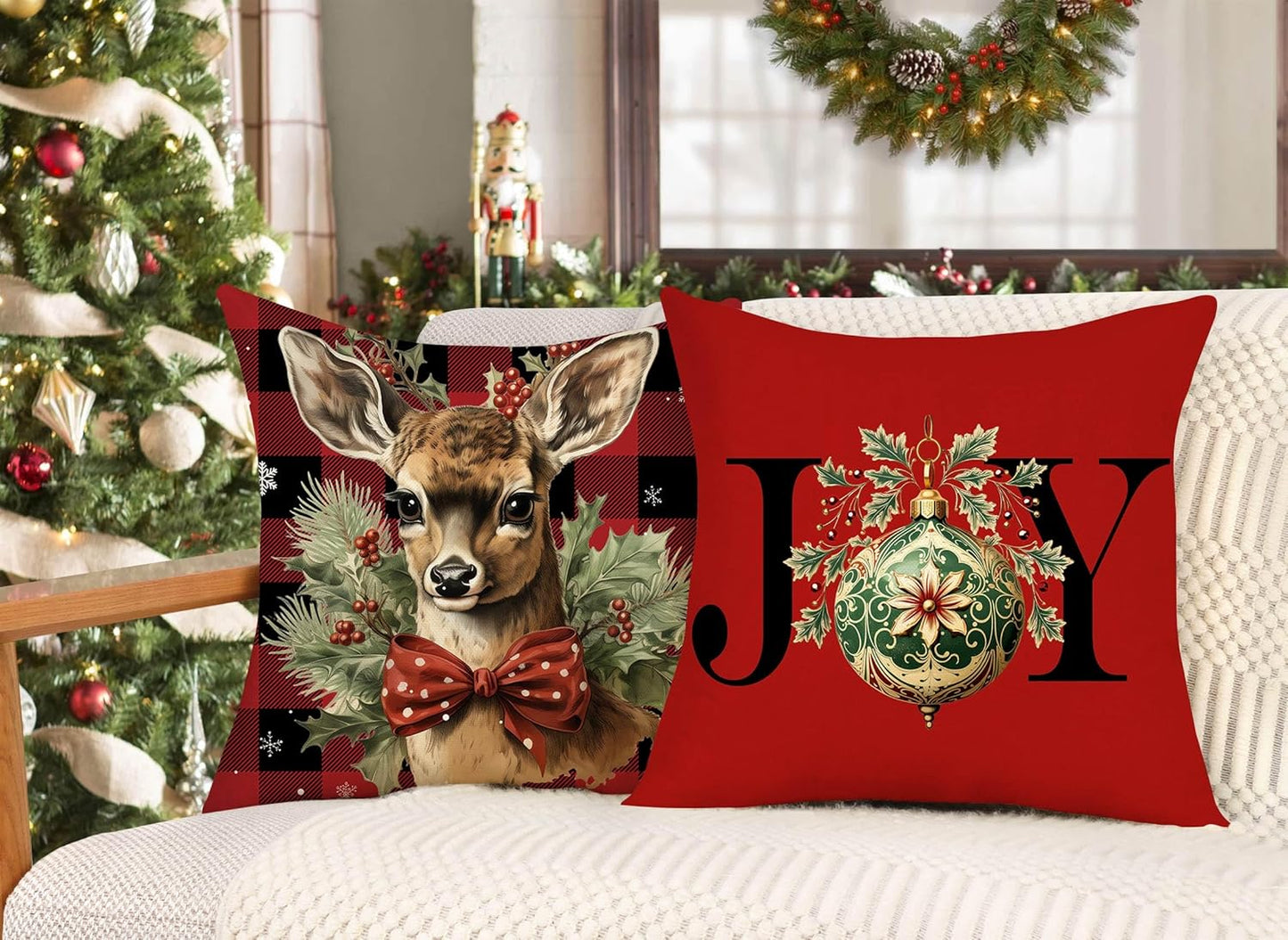 Buffalo Check Christmas Pillow Covers 18X18 Set of 4 Red Black Farmhouse Xmas Decorations Snowman Deer Joy Winter Holiday Decor Throw Cushion Case for Home Couch S24C03