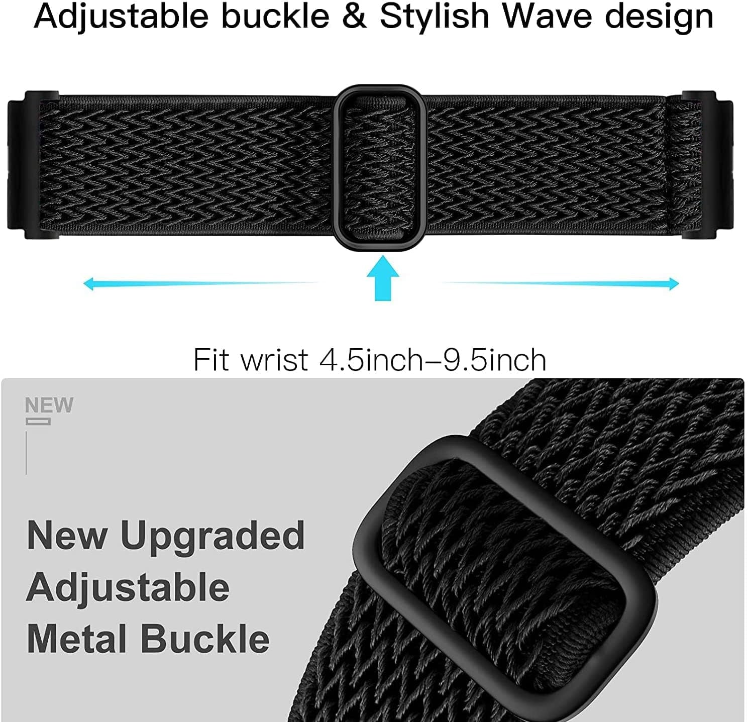 Elastic Bands for Galaxy Watch 5/4 Bands 44Mm 40Mm/5 Pro Band, Galaxy Watch 4 Classic Bands 46Mm 42Mm/Active 2 Women Men, 20Mm Stretch Nylon Replacement Strap(Wave Black+Blue)