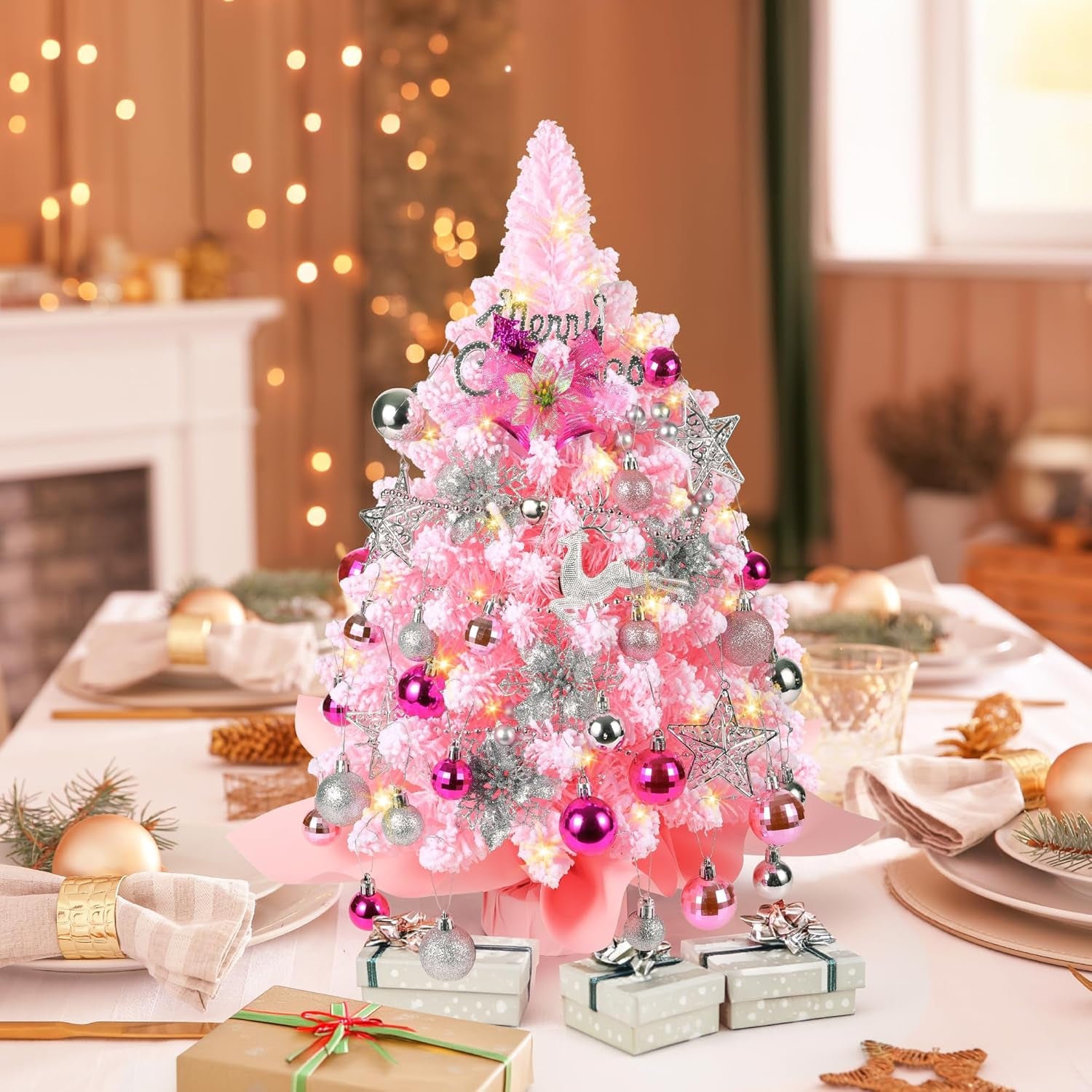 2FT Mini Flocked Pink Christmas Tree, Small Christmas Tree with Lights, Prelit Tabletop Christmas Tree with 100 Branch Tips and 40+ DIY Ornaments, Christmas Decorations Indoor and Gifts for Men Women