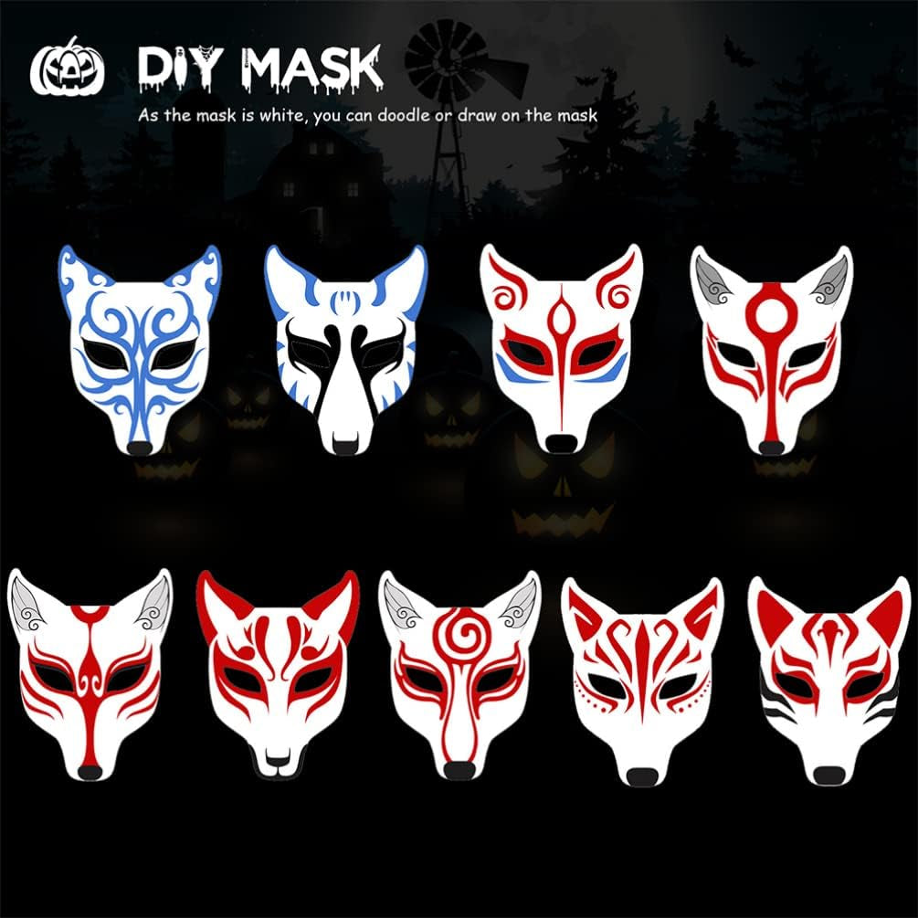 Blank Fox Mask, 2Pcs Halloween Fox Mask DIY Blank Mask Fox Japanese Kabuki Masks White Paintable Mask for Halloween Masquerade Costume Prop