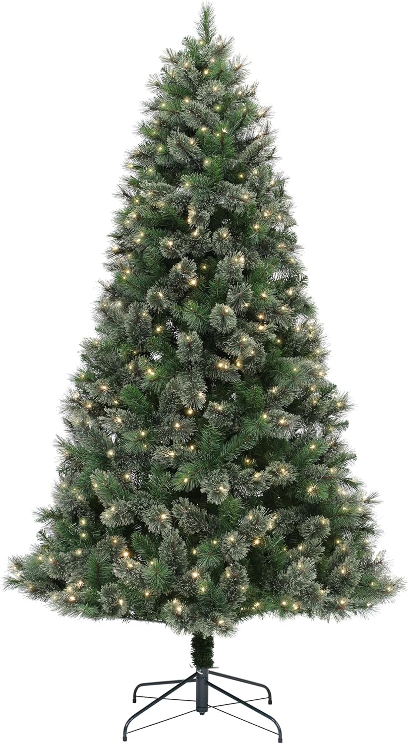 7.5' Pre-Lit Christmas Tree - Cashmere Pine Tree with 500 Bicolor LED Lights & Metal Stand - 10 Light Functions & 52" Diameter