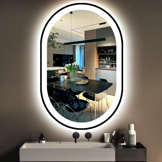 Black Frame Oval LED Mirror for Bathroom Wall 16X24 Inch Oval Lighted Vanity Mirror with Lights Black Frame Antifog Dimmable 3 Color Light Bathroom Oval Smart Mirror Black Oval Light up Mirror