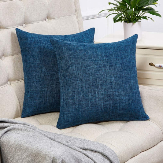 Set of 2 Dark Blue Pillow Covers Rustic Linen Decorative Square Throw Pillow Covers 18X18 Inch for Sofa Couch Decoration