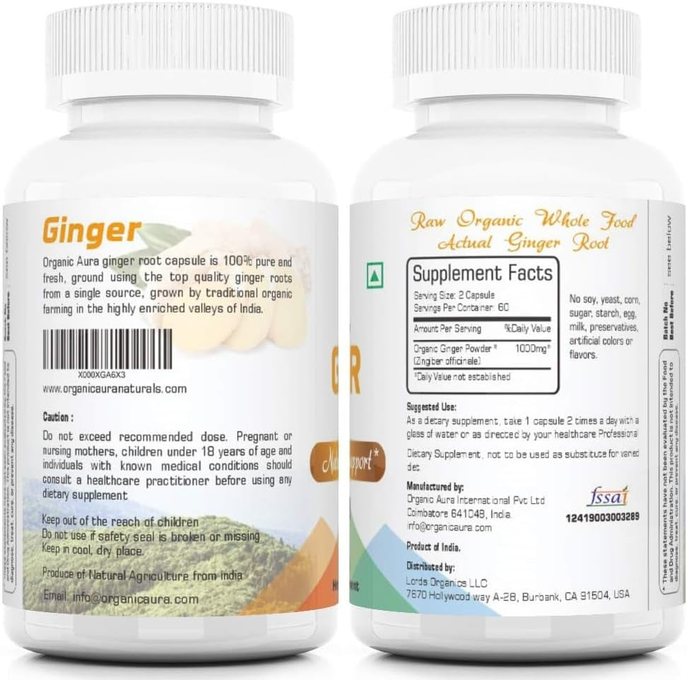 Organic Aura Ginger Capsules - 120 Veg Capsules. 2 Month Supply. Naturally Boosts Digestion, Relief Stomach Upset and Improves Immunity. No GMO and Gluten Free. TLBH
