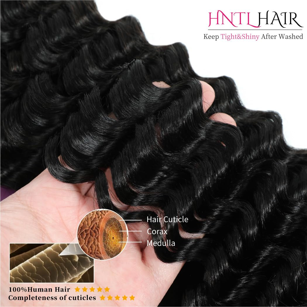 Deep Wave Human Hair Bundles 18 20 22 Inch 12A Brazilian Deep Wave Bundles Human Hair 100% Unprocessed Virgin Deep Curly Human Hair Weave 3 Bundles Natural Color Water Wave Bundles