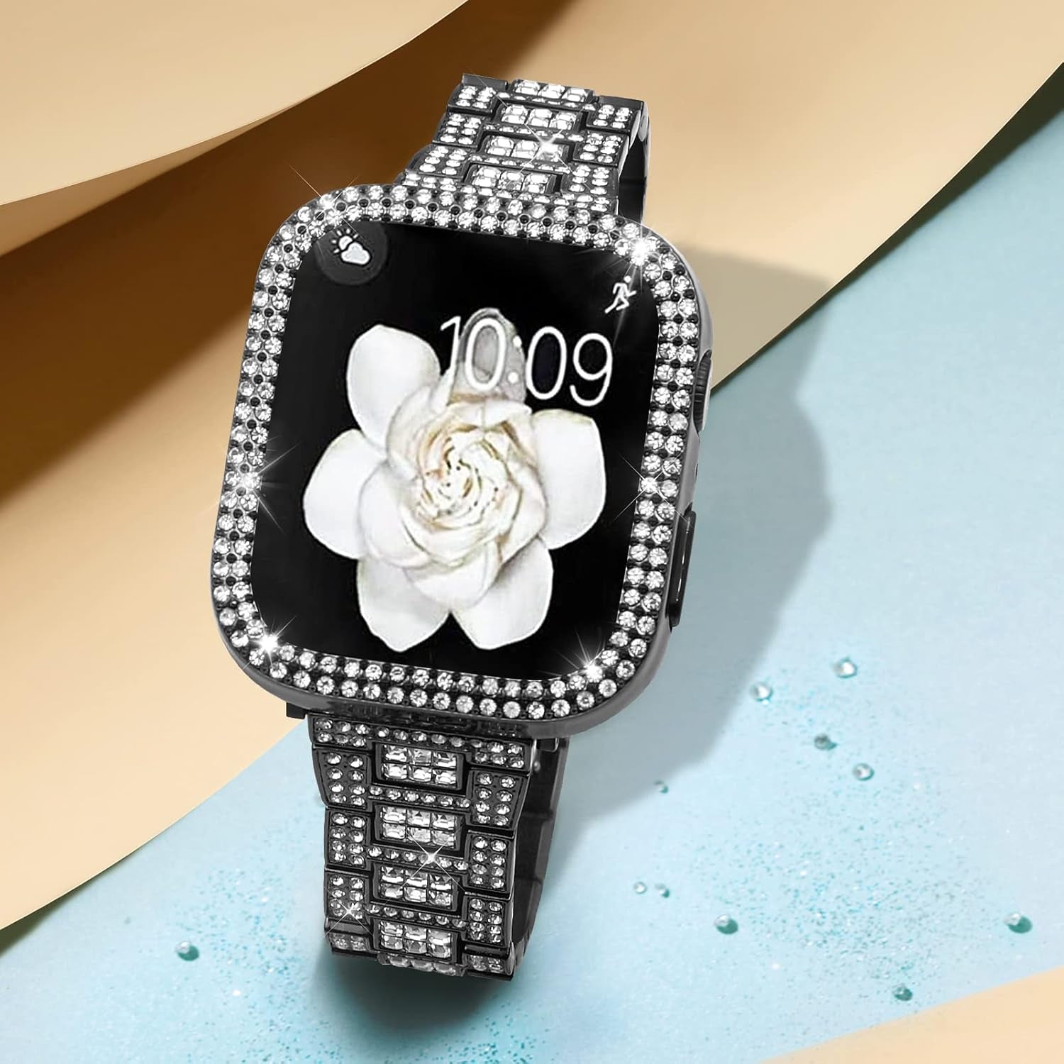 Compatible with Apple Watch Band 38Mm 40Mm 41Mm 42Mm 44Mm 45Mm 49Mm with 2 Pack Case Women, Jewelry Replacement Metal Wristband Strap with Bling PC Protective Case for Iwatch Ultra SE Series 9/8/7/6/5/4/3/2/1