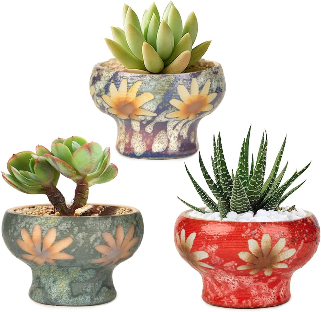 Small Succulent Planters Set of 3, Beautiful Hand Crafted Ceramic Plant Pots Cute Cactus Pot, 4.9 Inch Flower Pots for Indoor Plants with Drainage, Desktop Windowsill Home Office Decor Pots