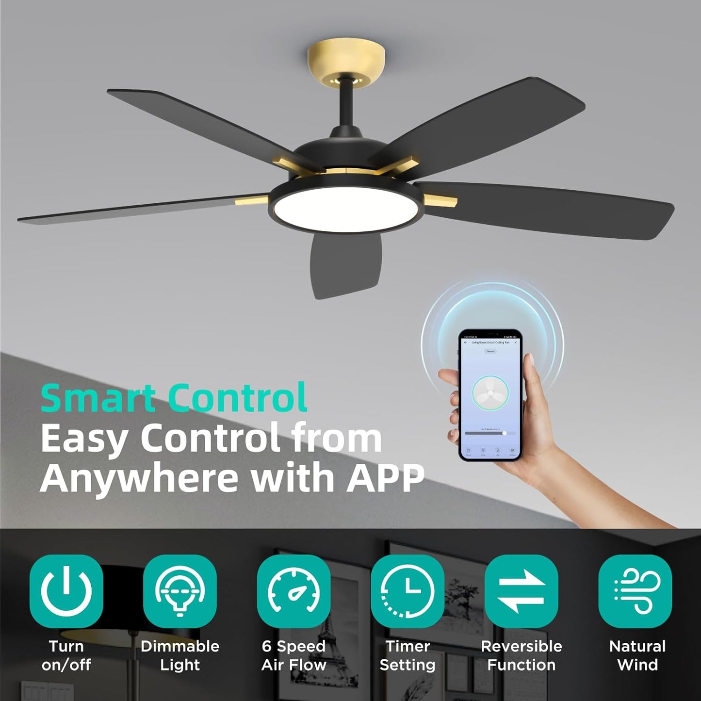 Ceiling Fans with Lights,Ultra Silent 52 Inch Smart Ceiling Fans with Dimmable LED Light Compatible with Google Home Alexa App Control(Black Gold