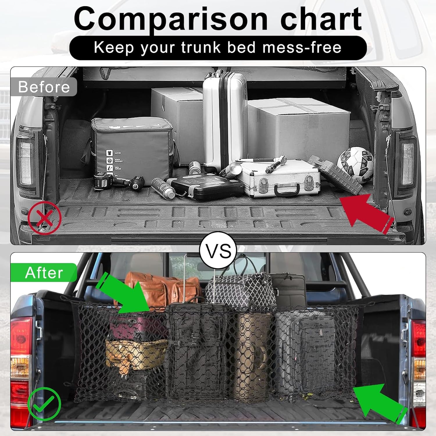 Truck Bed Cargo Net Stretchable, Adjustable Trunk Storage Net with Hook, Accessories for Pickup Bed Divider Organizer and Storage, Compatible with Chevy Silverado Ford F150 GMC (50"X 18")