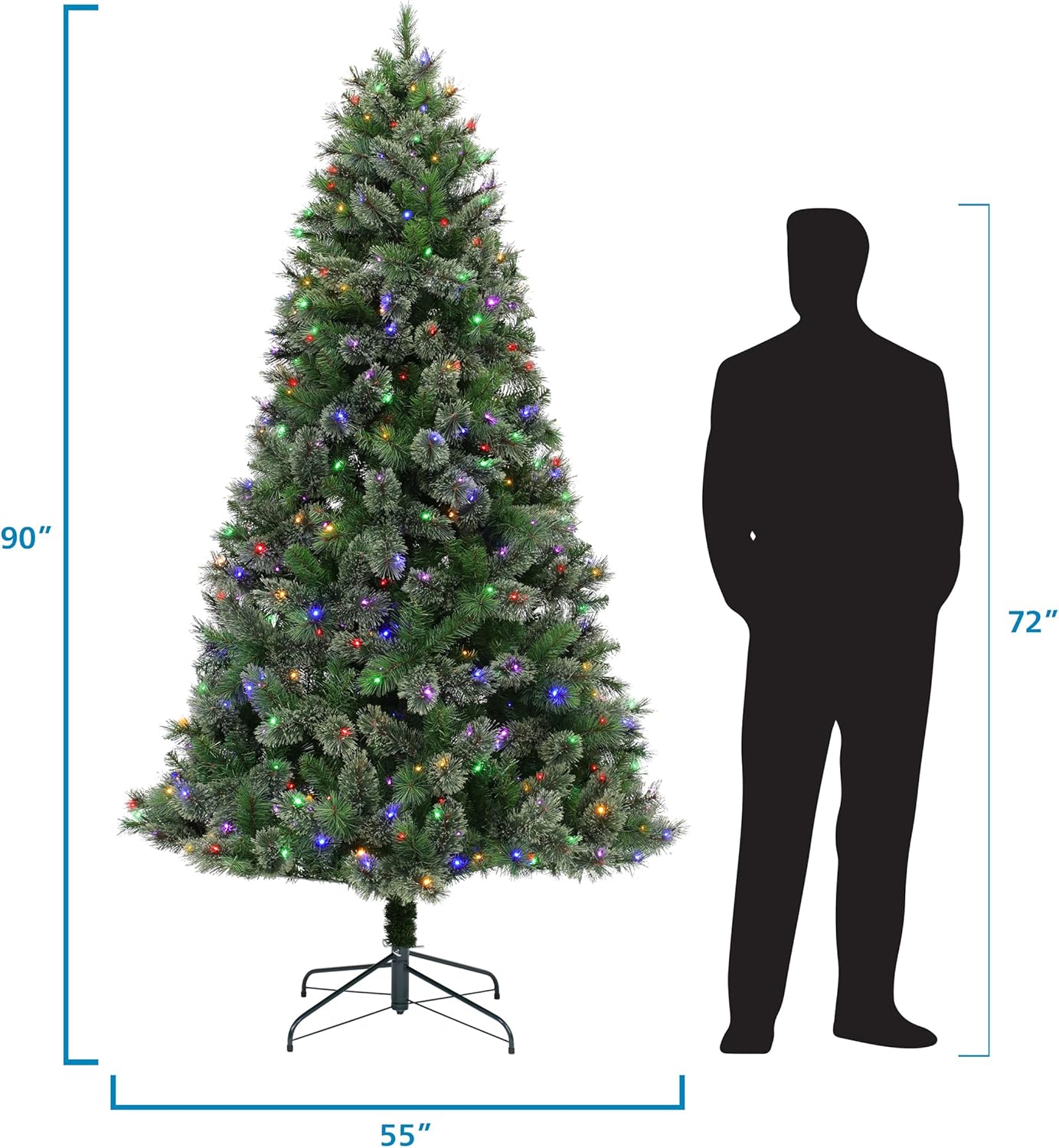 7.5' Pre-Lit Christmas Tree - Cashmere Pine Tree with 500 Bicolor LED Lights & Metal Stand - 10 Light Functions & 52" Diameter