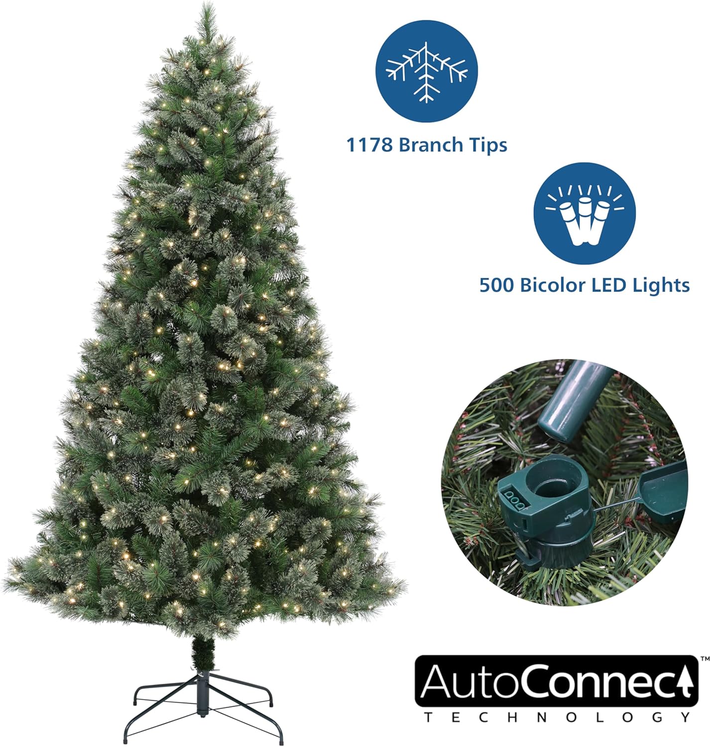 7.5' Pre-Lit Christmas Tree - Cashmere Pine Tree with 500 Bicolor LED Lights & Metal Stand - 10 Light Functions & 52" Diameter