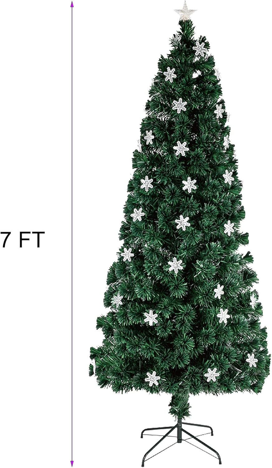 7 Ft Pre-Lit Optical Fiber Christmas Artificial Tree, with LED RGB Color Changing Led Lights, Snowflakes and Top Star, Festive Party Holiday Fake Multicolor Xmas Tree with Sturdy Metal Legs