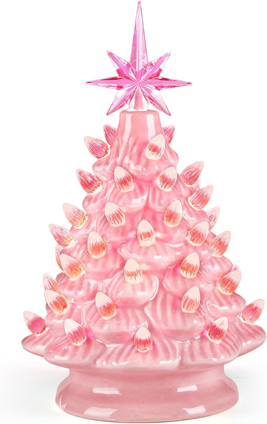 9" Ceramic Christmas Tree, Table Top Christmas Tree with Warm Led Lights, Vintage Pre-Lit Xmas Tree with Pink Star Topper, Battery Operated Hand-Painted Christmas Decorations Indoor Home