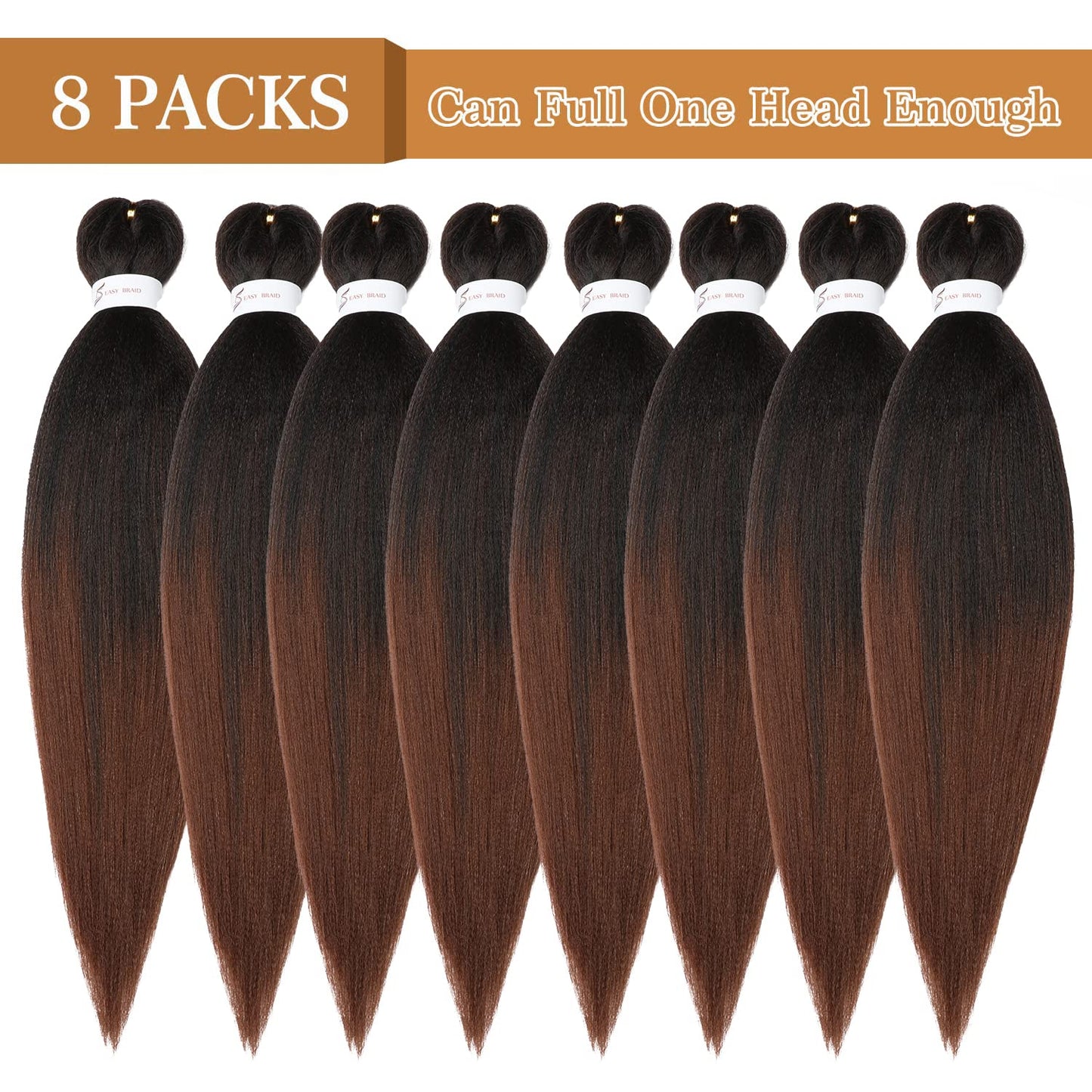 Braiding Hair Pre Stretched 24 Inch 8 Packs Ombre Braiding Hair Professional Soft Braiding Hair Yaki Texture, No Itch, Hot Water Setting Hair Extensions for Braids (24In,1B/30)