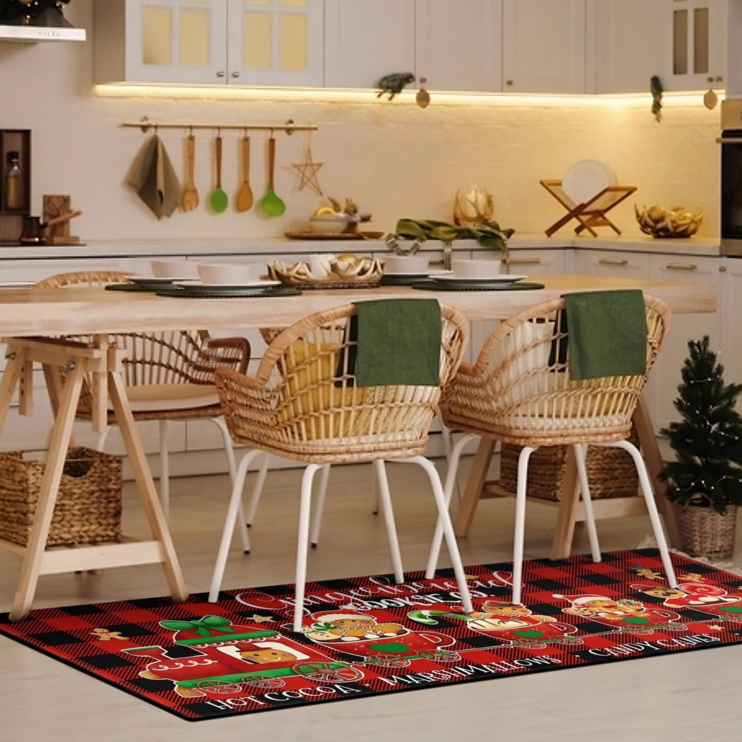 Merry Christmas Kitchen Rugs and Mats Set of 2,Buffalo Plaid Gingerbread Hot Cocoa Xmas Winter Holiday Sink Floor Mat Non Skid Washable for Home Farmhouse Christmas Decor 17"X47"+17"X30"