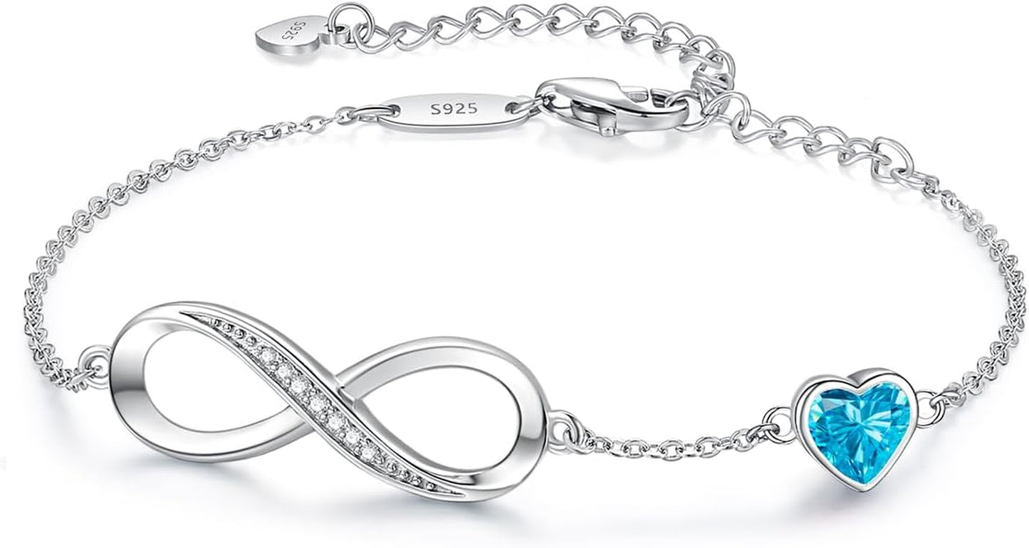 Infinity Heart Birthstone Charm Link Bracelet for Women 925 Sterling Silver Adjustable Valentines Mother'S Day Gift Anniversary Jewelry Birthday Gifts for Women Wife Girlfriend Her