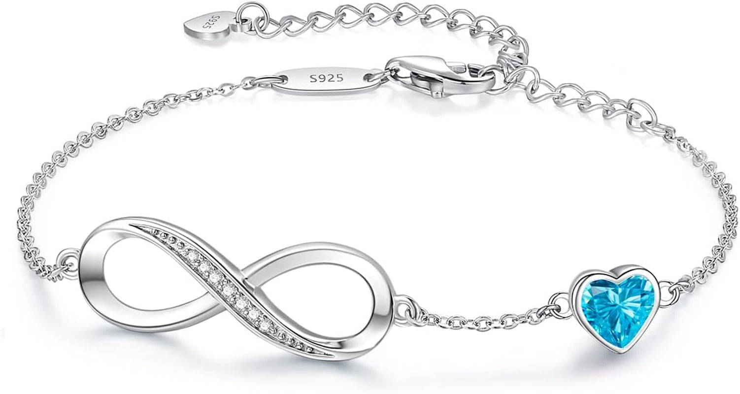 Infinity Heart Birthstone Charm Link Bracelet for Women 925 Sterling Silver Adjustable Valentines Mother'S Day Gift Anniversary Jewelry Birthday Gifts for Women Wife Girlfriend Her